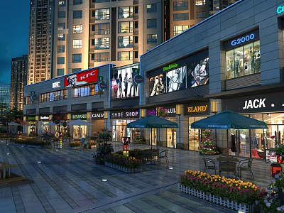 Vibrant Commercial Street With High Rise Buildings Retail Stores Billboards Outdoor Seating and Evening Lights 3d model