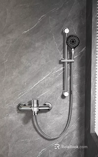 Modern Chrome Shower System with Handheld and Overhead Heads on Gray Marble Wall 3d model
