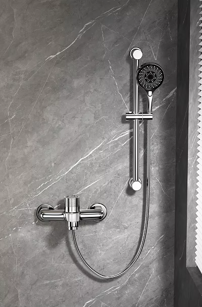 Modern Chrome Shower System with Handheld and Overhead Heads on Gray Marble Wall 3d model