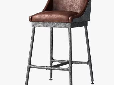 Industrial Design Bar Stool With Leather Upholstered Seat And Metal Pipe Legs 3d model