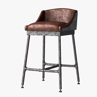 Industrial Design Bar Stool With Leather Upholstered Seat And Metal Pipe Legs 3d model