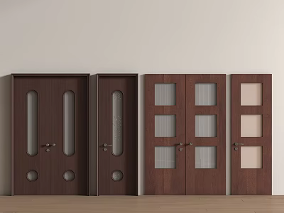 Quiet ancient style solid wood glass double door bedroom single door 3d model