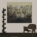 Textured Abstract Painting In Neutral Tones With Wooden Chair And Bookshelf Interior