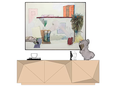 Modern Geometric TV Stand With Abstract Painting Sculpture And Decorative Items 3d model