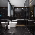 Modern Luxury Dark Tone Bathroom Interior With Glossy Marble Floor And Elegant Green Decor