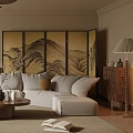 Quiet Ancient Style Home Living Room Sofa Coffee Table Combination Leisure Sofa Chair Decorative Cabinet Side Table Corner Table Screen Partition Ornaments Floor Lamp 3d model