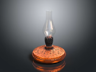 Vintage Oil Lamp Featuring Transparent Glass Shade And Copper Base With Intricate Patterns 3d model