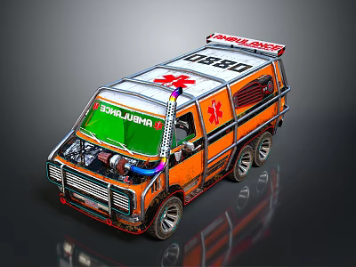 Custom Orange White Ambulance With Exposed Engine Roof Emergency Sign And SPAJALJERA Front Design 3d model