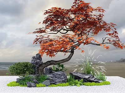 Bonsai Style Plant Combination With Red Leaves Tree Green Shrubs White Grass And Stones 3d model