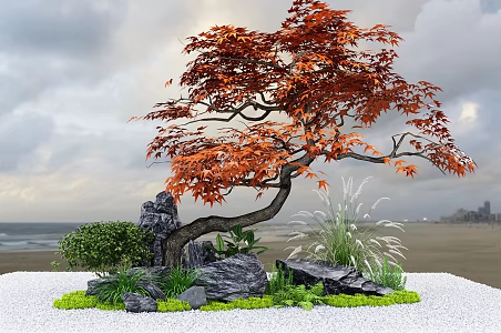 Modern courtyard landscape stone creative oblique floating maple red maple landscape sketch 3d model