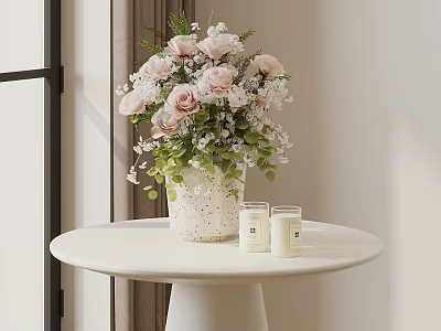 Elegant Floral Display With Pink Roses Greenery In White Pot On Round Table And Candles 3d model
