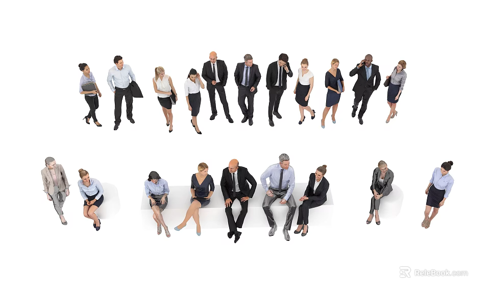 Diverse Group of Business Professionals Standing and Sitting in Formal Attire 3d model 