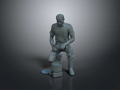 Male Sculpture Figure In Squatting Posture Holding Tool With Bucket And Lid 3d model