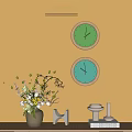 Two Round Wall Clocks with Green Light Blue Dials and Wooden Frames on Beige Wall