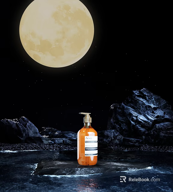 Orange Pump Dispenser Bottle in Night Scene With Full Moon Rocks and Water Puddles 3d model 