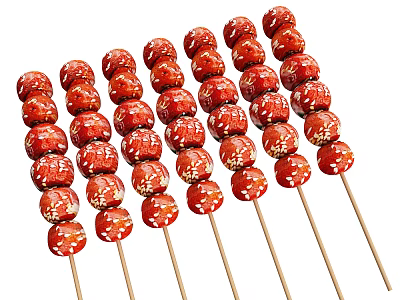 Red Candied Hawthorns Coated with Sugar on Bamboo Sticks with Sesame Seeds 3d model