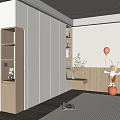 Modern Wardrobe Interior Design With White Panels Wooden Accents Open Shelves And Decorative Plants
