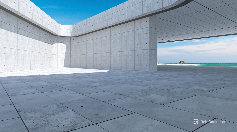 Modern Architectural Interior With Concrete Walls Stone Floor Open Space And Sea View 3d model 