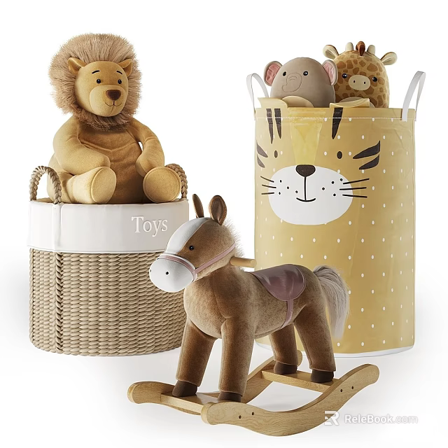 Plush Stuffed Animals With Lion Mouse Giraffe Rocking Horse In Basket And Yellow Tiger Bin 3d model 