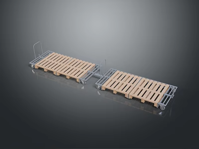 Two Wooden Pallets With Metal Frames And Wheels Connected For Transport Use 3d model