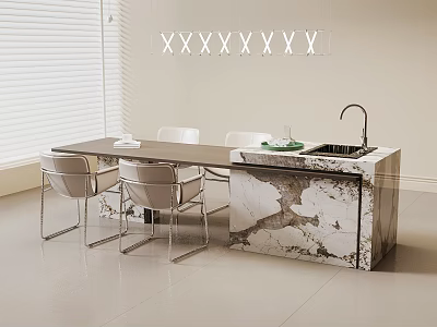 Elegant Modern Kitchen Interior With Marble Island Counter And Dining Chairs 3d model