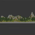 Cartoon Scene With Circular Stone Building Green Terraced Grass Pine Trees And Orange Rock Mountains
