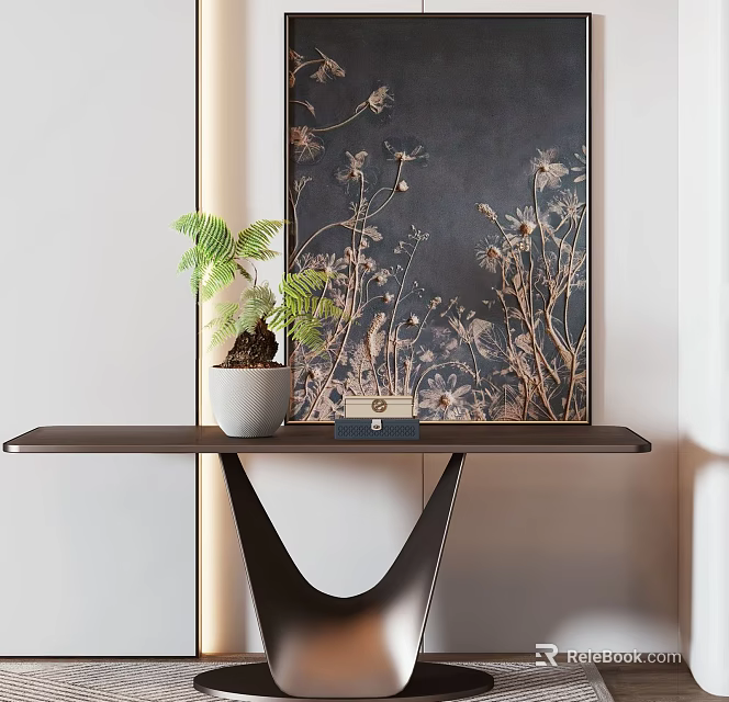 Modern Console Table Design With Floral Artwork And Potted Plant Decoration 3d model