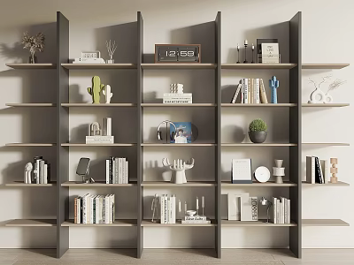 Modern Open Multi Tiered Bookshelf Featuring Books Decorations Plants Photo Frames And Clock 3d model
