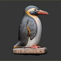 Decorative Penguin Statue With Colorful Feathers Standing On Wooden Base With Engraved PENGUIN Text