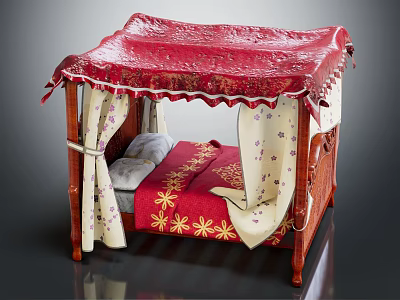 Double Bed With Red Canopy Wooden Frame Red Bedspread Yellow Floral Patterns White Pillows White Curtains 3d model