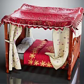 Double Bed With Red Canopy Wooden Frame Red Bedspread Yellow Floral Patterns White Pillows White Curtains