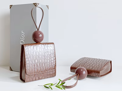 Dior Brown Crocodile Embossed Bags With Round Decorative Balls And Packaging Box And Green Leaves 3d model
