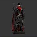 Man In Black Armor With Red Cape Holding Spear On Detailed Pedestal