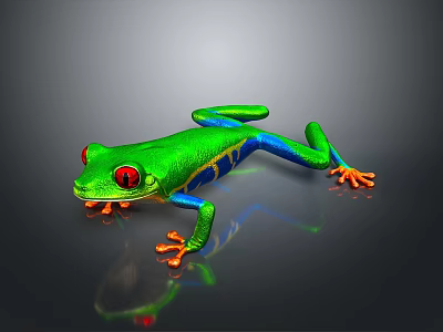 Colorful Green Reptile With Red Eyes Blue Legs Orange Toes And Reflection On Gray Background 3d model