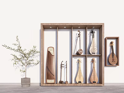 Wooden Shoe Cabinet With Open Shelves Displaying Musical Instruments And Plant 3d model