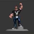 Muscular Game Movie Character In Black T-Shirt Blue Jeans Gray Sneakers Raising Fist