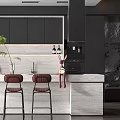 Modern Kitchen Interior With Black Cabinets White Countertop Red Bar Stools And Plant
