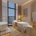 Luxury Beauty Spa Room With Massage Bed Bathtub Robe And City View Through Large Window