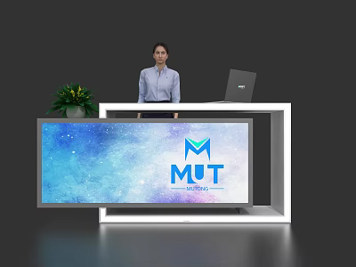 Modern Reception Desk With Large Screen MUT Logo Engineering Text And Green Plant 3d model
