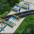 Modern Bridge Construction Site With Cranes Road And Green Vegetation 3d model