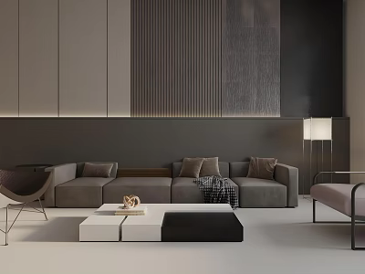 Modern Living Room Interior With Gray Sofa Geometric Coffee Table Floor Lamp And Textured Wall 3d model