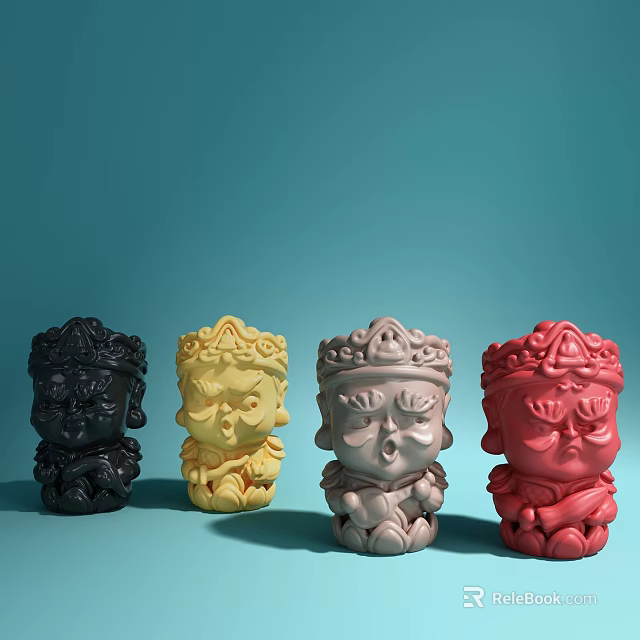 Cartoon Style Decorative Figurine Set With Black Yellow Gray Red On Light Blue Background 3d model 