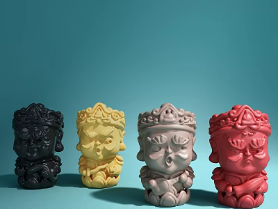 Cartoon Style Decorative Figurine Set With Black Yellow Gray Red On Light Blue Background 3d model