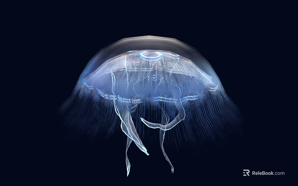 Transparent Glowing Jellyfish With Umbrella Shaped Body And Tentacles In Deep Blue Background 3d model 