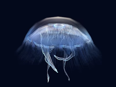 Transparent Glowing Jellyfish With Umbrella Shaped Body And Tentacles In Deep Blue Background 3d model