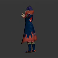 3D Game Movie Character With Blue Purple Hair Dark Blue Coat Red Flame Patterns Pose