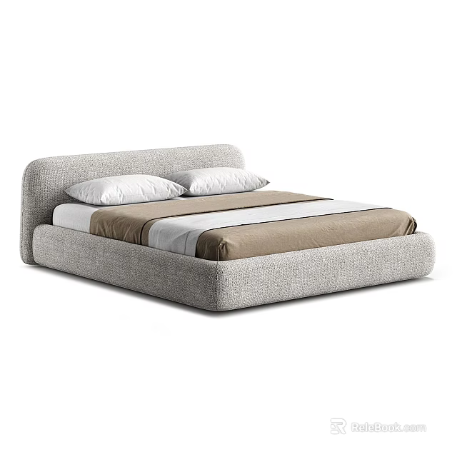 Modern Double Bed With Gray Upholstered Frame White Pillows And Brown Bed Sheet 3d model 