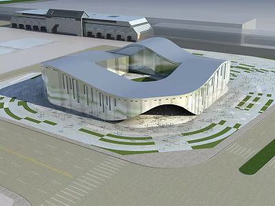 Modern Architectural Building With Irregular Roof Glass Curtain Wall And Plaza Area 3d model