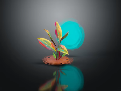 Cartoon Plant With Colorful Leaves Brown Base And Blue Glow On Dark Background With Reflection 3d model