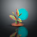 Cartoon Plant With Colorful Leaves Brown Base And Blue Glow On Dark Background With Reflection